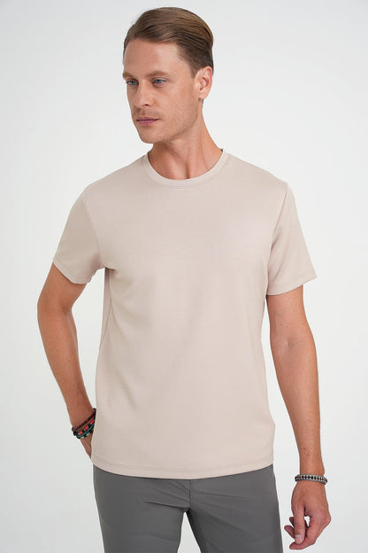 Ts 885 Comfort Fit Bisiklet Yaka Esnek Pamuk Casuel Bej Tişört