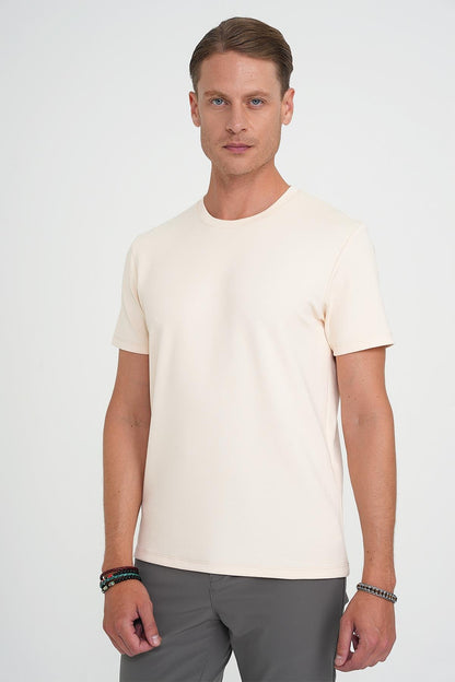 Ts 885 Comfort Fit Bisiklet Yaka Esnek Pamuk Casuel Krem Tişört