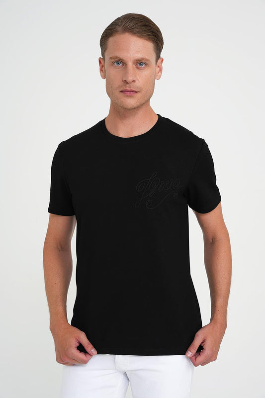 Comfort Fit Bisiklet Yaka Nakışlı Kısa Kol Siyah Pamuk Tişört Ts 910