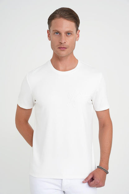 Comfort Fit Bisiklet Yaka Nakışlı Kısa Kol Ekru Pamuk Tişört Ts 910