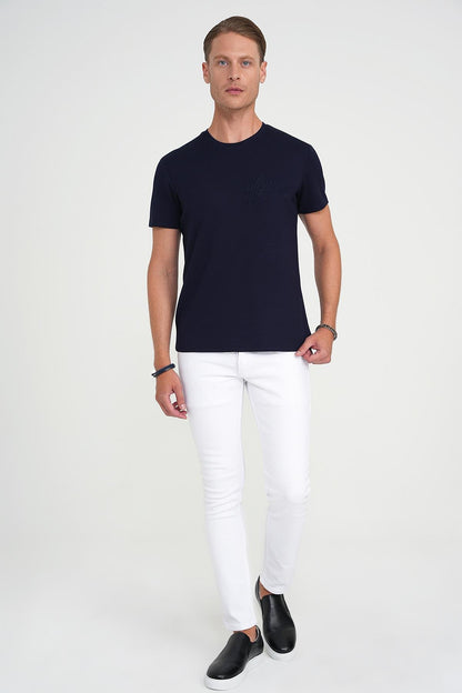 Comfort Fit Bisiklet Yaka Nakışlı Kısa Kol Lacivert Pamuk Tişört Ts 910