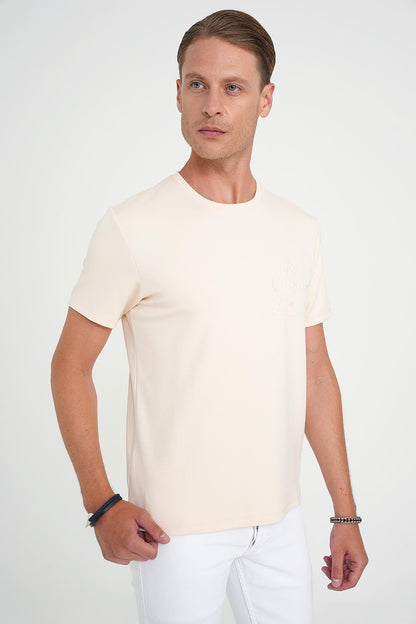 Comfort Fit Bisiklet Yaka Nakışlı Kısa Kol Açık Krem Pamuk Tişört Ts 910