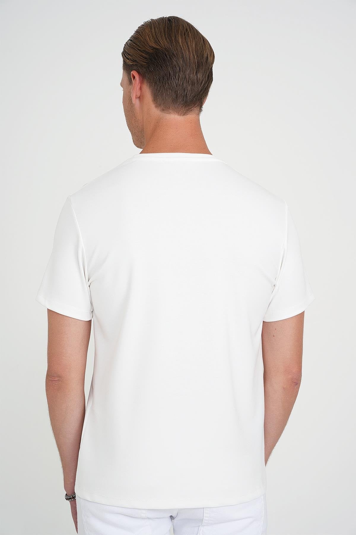 Comfort Fit Bisiklet Yaka Nakışlı Kısa Kol Ekru Pamuk Tişört Ts 910