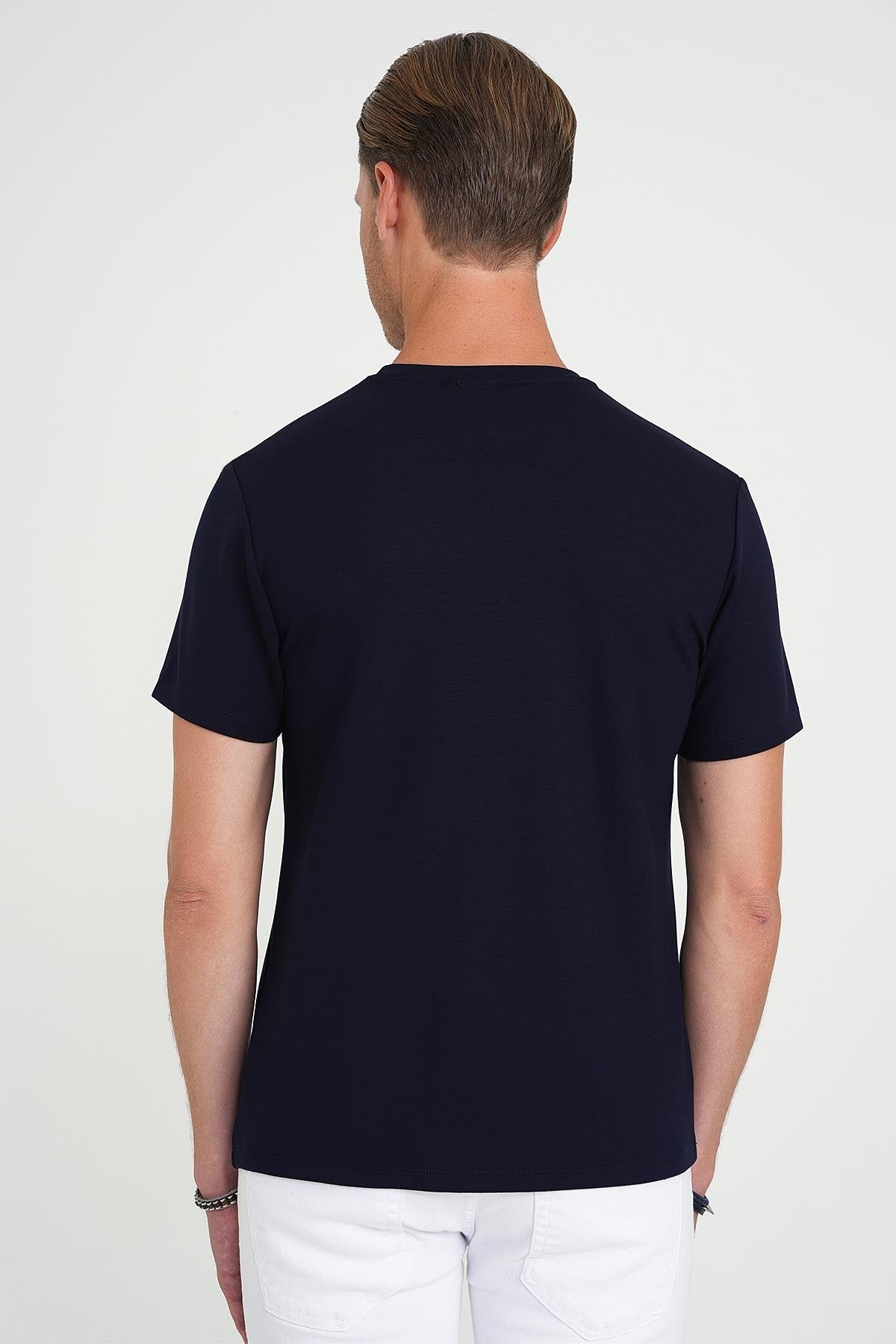 Comfort Fit Bisiklet Yaka Nakışlı Kısa Kol Lacivert Pamuk Tişört Ts 910