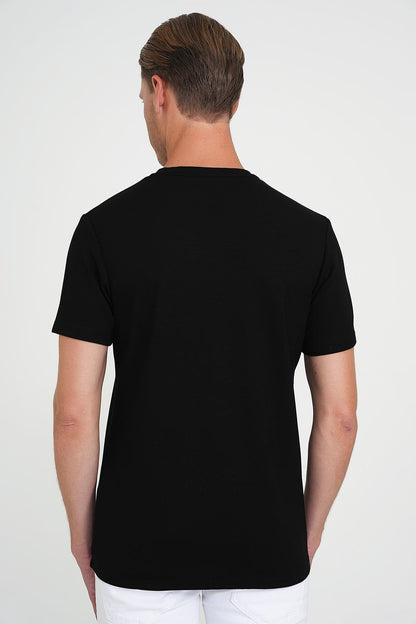 Comfort Fit Bisiklet Yaka Nakışlı Kısa Kol Siyah Pamuk Tişört Ts 910