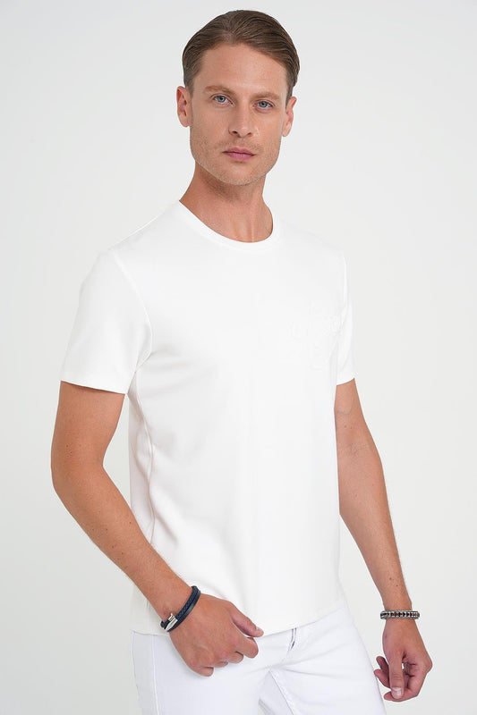 Comfort Fit Bisiklet Yaka Nakışlı Kısa Kol Ekru Pamuk Tişört Ts 910