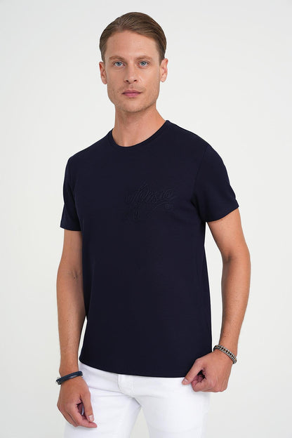 Comfort Fit Bisiklet Yaka Nakışlı Kısa Kol Lacivert Pamuk Tişört Ts 910