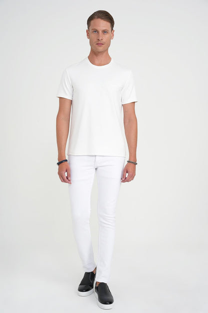 Comfort Fit Bisiklet Yaka Nakışlı Kısa Kol Ekru Pamuk Tişört Ts 910