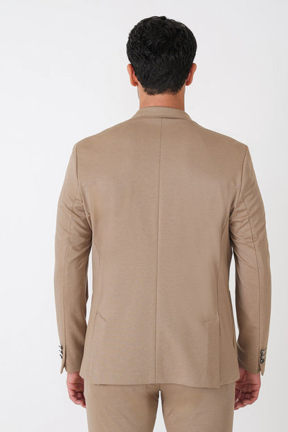 Comfort Fit Çift Yırtmaç Torba Cep Metal Düğmeli Koyu Bej Blazer Ceket C 734