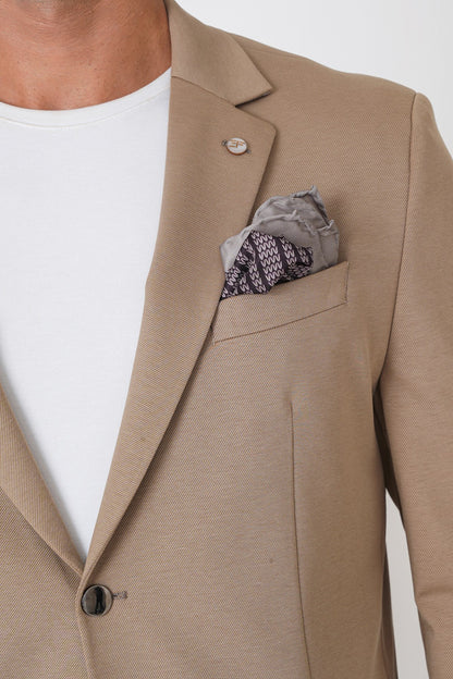 Comfort Fit Çift Yırtmaç Torba Cep Metal Düğmeli Koyu Bej Blazer Ceket C 734