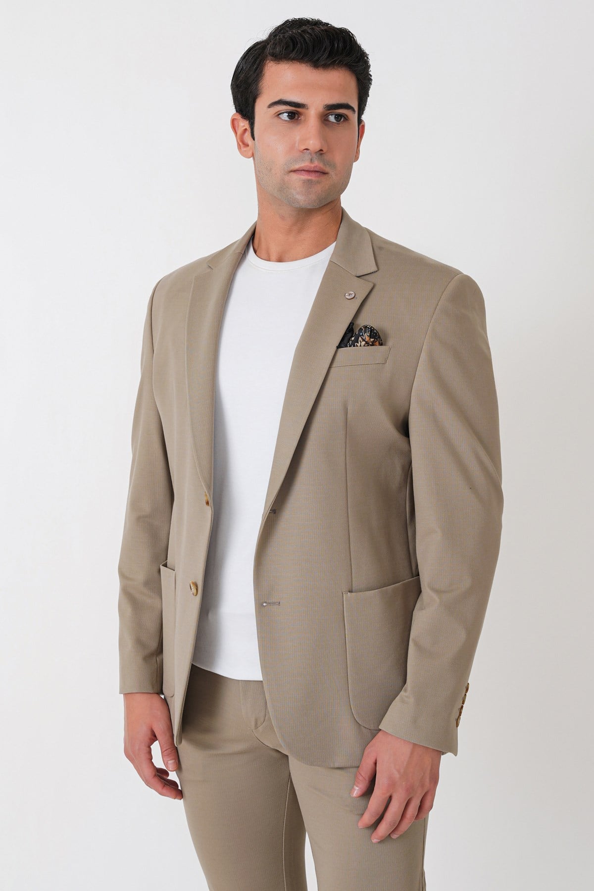 Comfort Fit Esnek Rayon Pamuk Karışım Torba Cepli Bej Blazer Ceket C 744