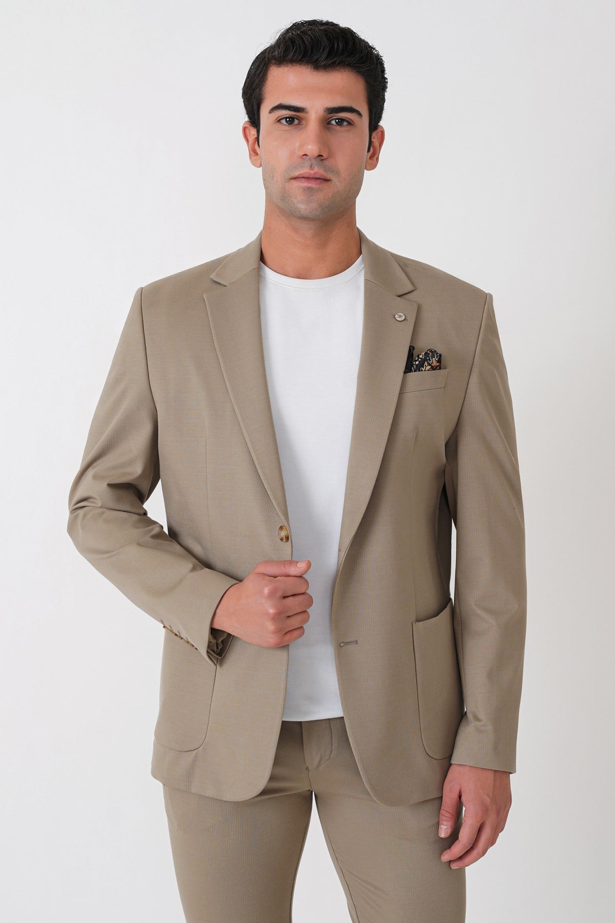 Comfort Fit Esnek Rayon Pamuk Karışım Torba Cepli Bej Blazer Ceket C 744