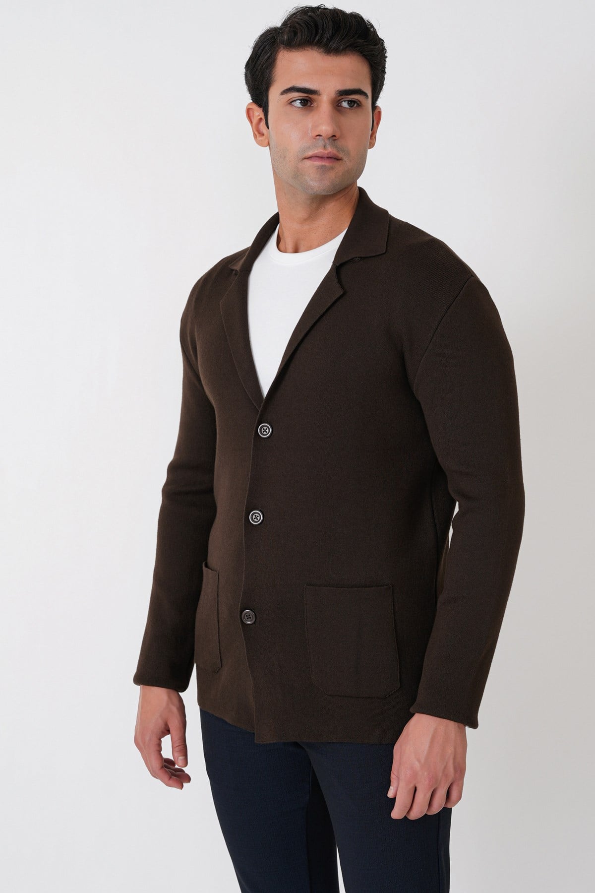 Comfort Fit Esnek Yünlü Düğmeli Kahverengi Triko Ceket 05