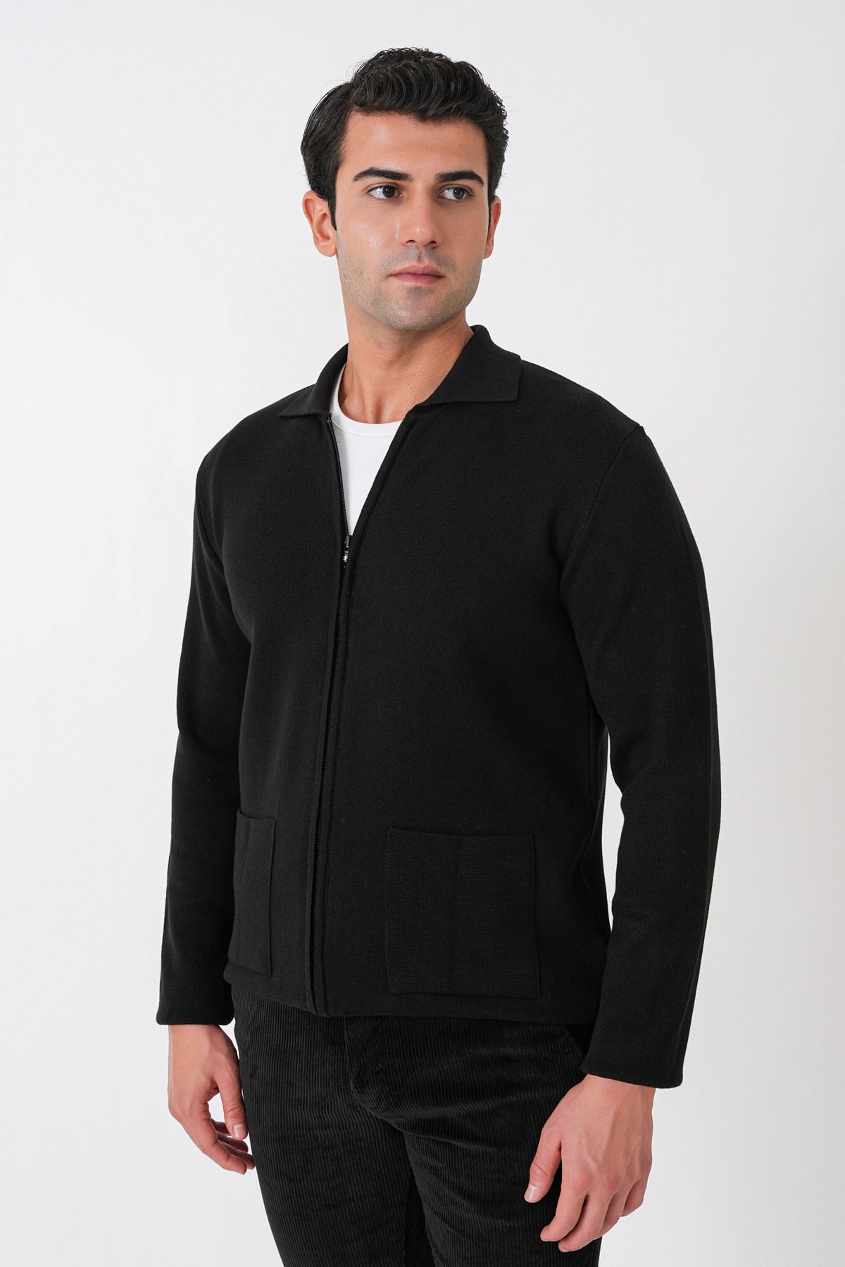 Comfort Fit Fermuarlı Torba Cepli Yünlü Siyah Hırka Tr 896