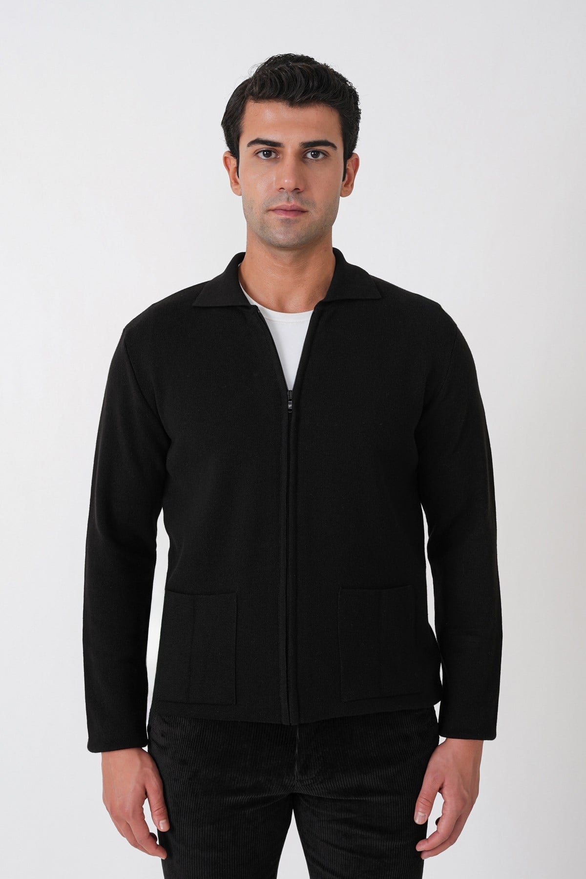 Comfort Fit Fermuarlı Torba Cepli Yünlü Siyah Hırka Tr 896