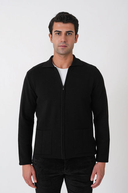 Comfort Fit Fermuarlı Torba Cepli Yünlü Siyah Hırka Tr 896
