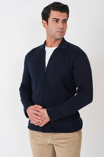 Comfort Fit Fermuarlı Torba Cepli Yünlü Lacivert Hırka Tr 896