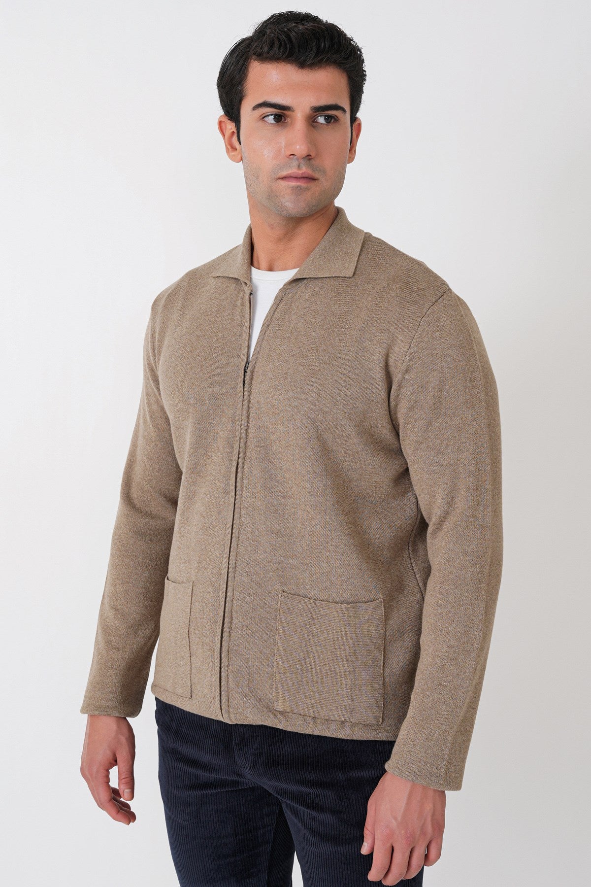 Comfort Fit Fermuarlı Torba Cepli Yünlü Bej Hırka Tr 896