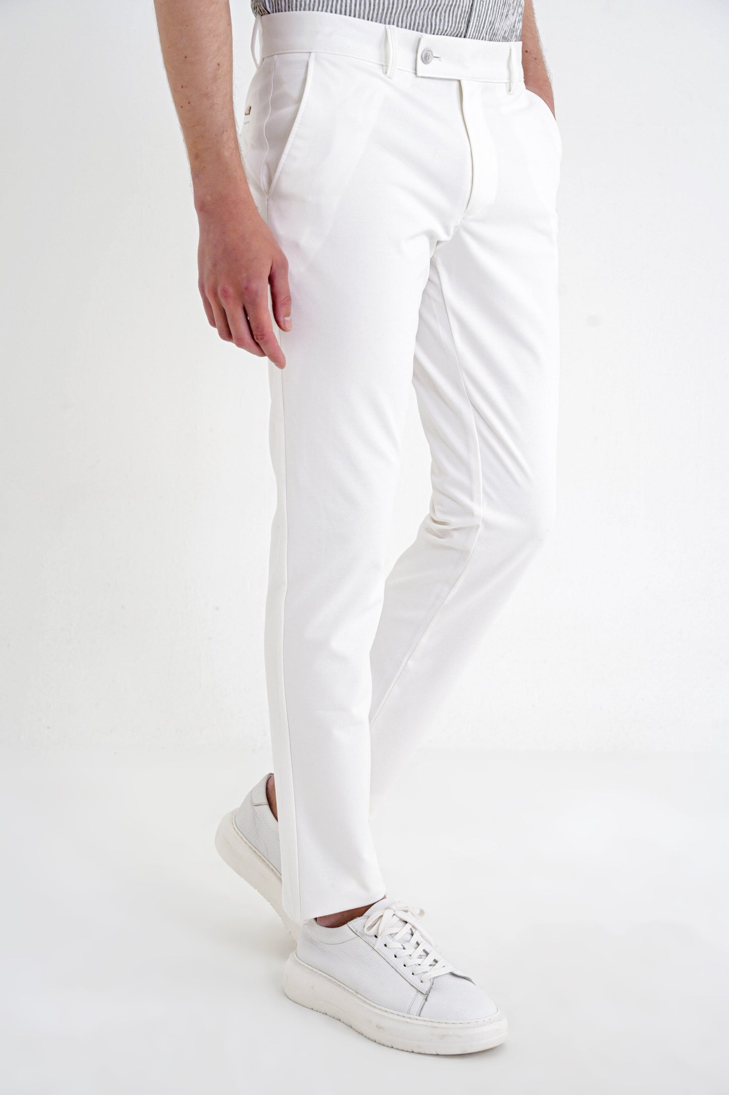 Comfort Fit Rahat Kalıp Yan Cep Pamuklu Dokulu Ekru Pantolon P 1219