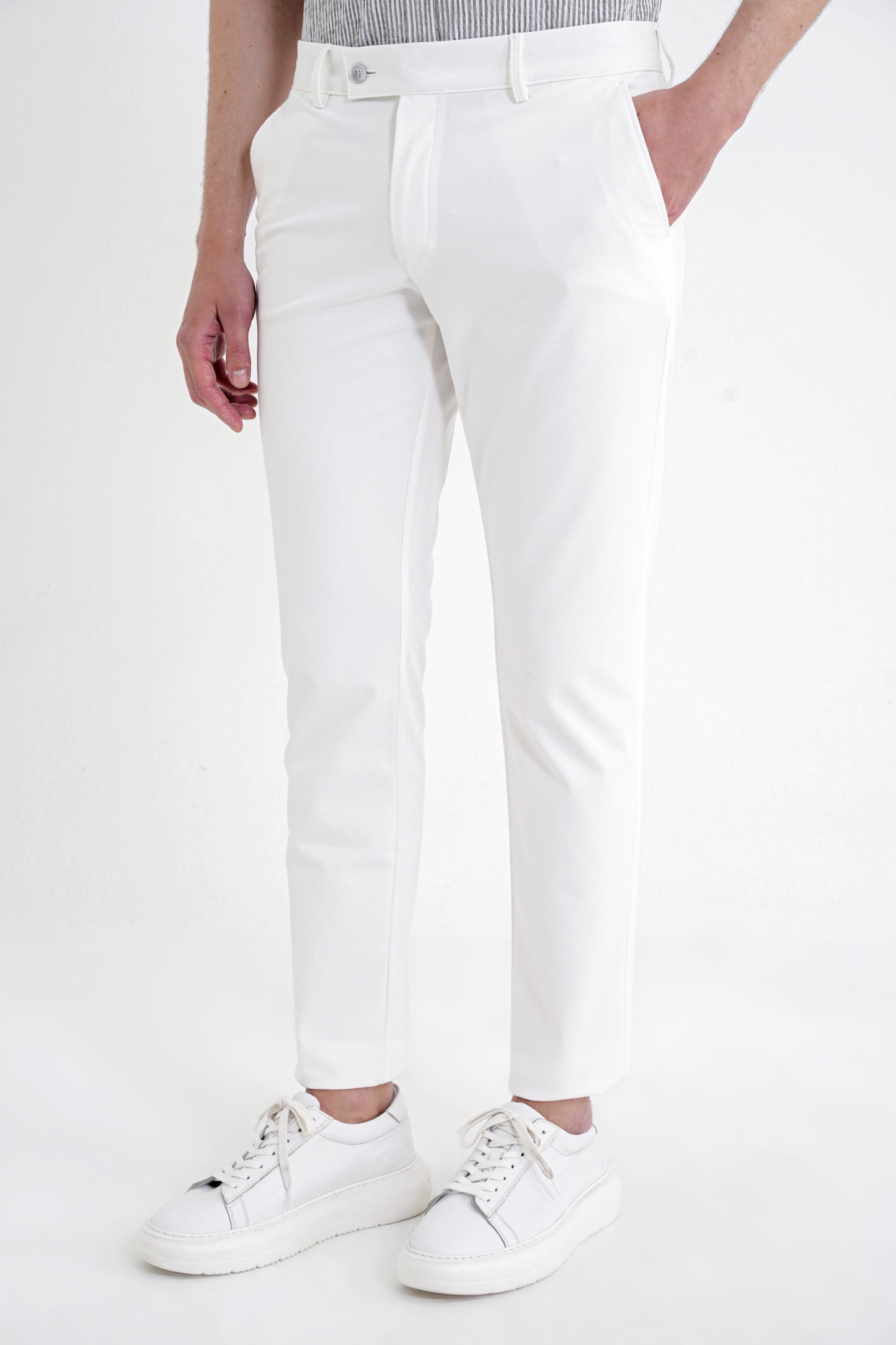Comfort Fit Rahat Kalıp Yan Cep Pamuklu Dokulu Ekru Pantolon P 1219