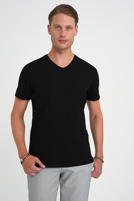 Comfort Fit V Yaka Esnek Pamuk Düz Kısa Kol Siyah Tişört Ts 907