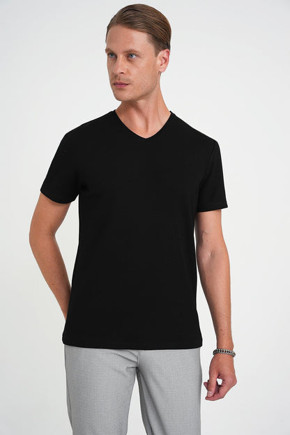 Comfort Fit V Yaka Esnek Pamuk Düz Kısa Kol Siyah Tişört Ts 907