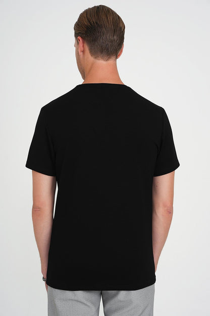 Comfort Fit V Yaka Esnek Pamuk Düz Kısa Kol Siyah Tişört Ts 907
