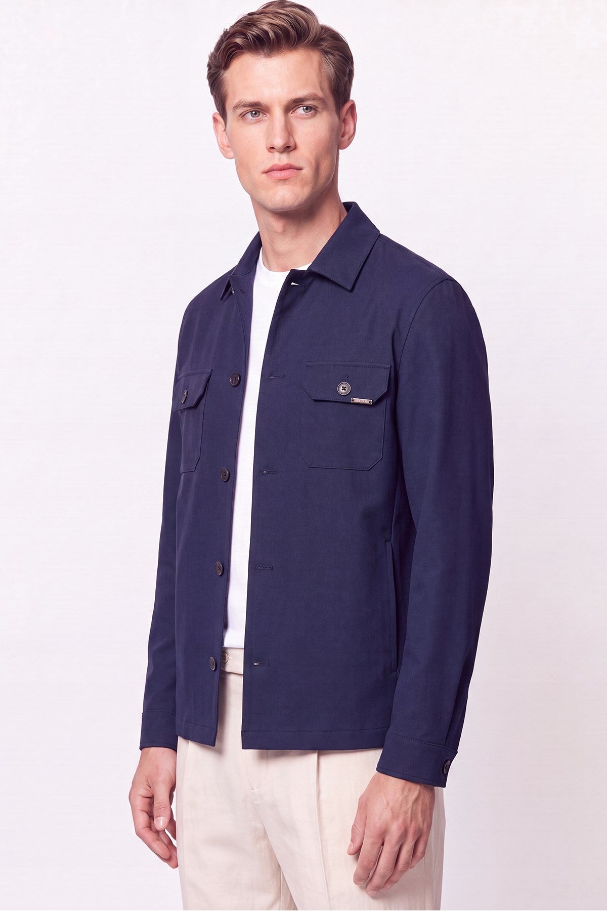 Comfort Fit Yan Cepli Düğmeli Esnek Lacivert Keten Gömlek Ceket C 737