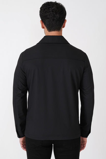 Comfort Fit Yan Cepli Esnek Pamuklu Siyah Gömlek Ceket C 731