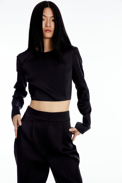 Crop Siyah Saten Bluz