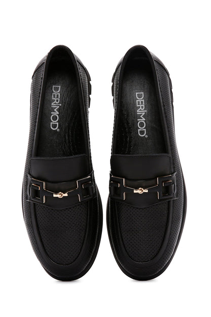Kadın Siyah Tokalı Deri Comfort Loafer
