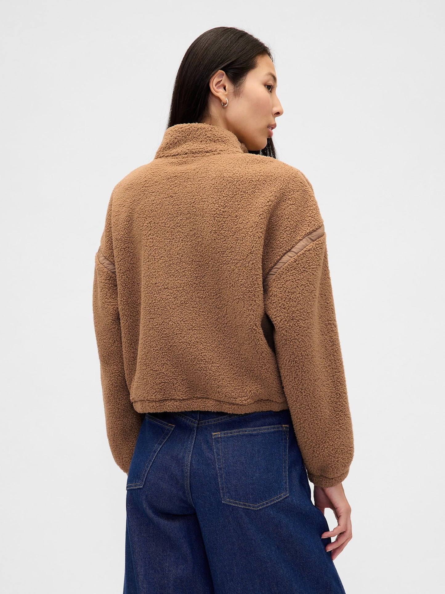 Açık Kahverengi Recycled Oversized Crop Yarım Fermuarlı Sweatshirt