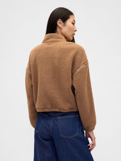 Açık Kahverengi Recycled Oversized Crop Yarım Fermuarlı Sweatshirt