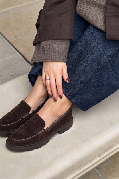 Kadın Kahverengi Kalın Tabanlı Süet Deri Maskülen Loafer
