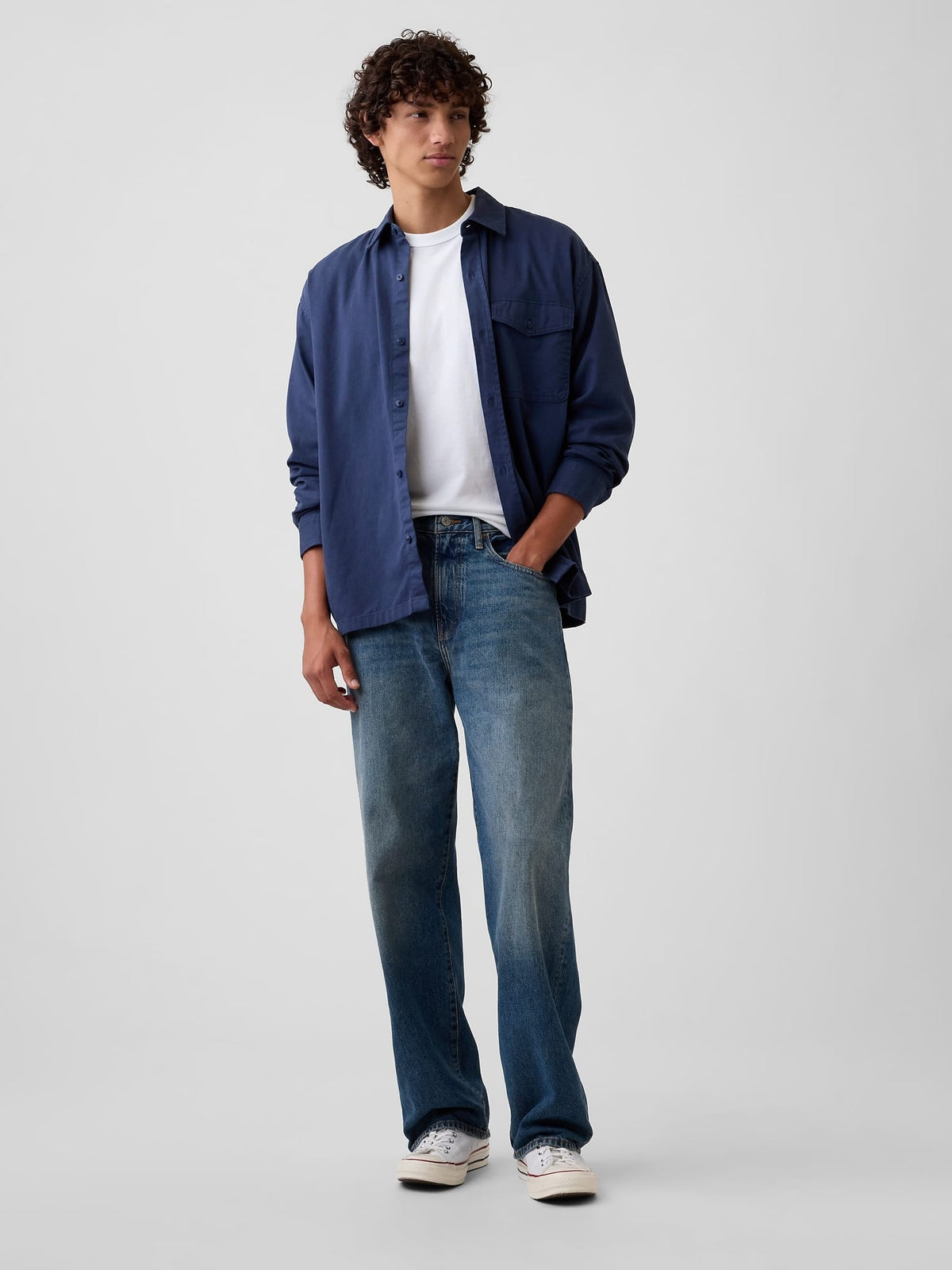 Lacivert Boxy Fit Twill Gömlek