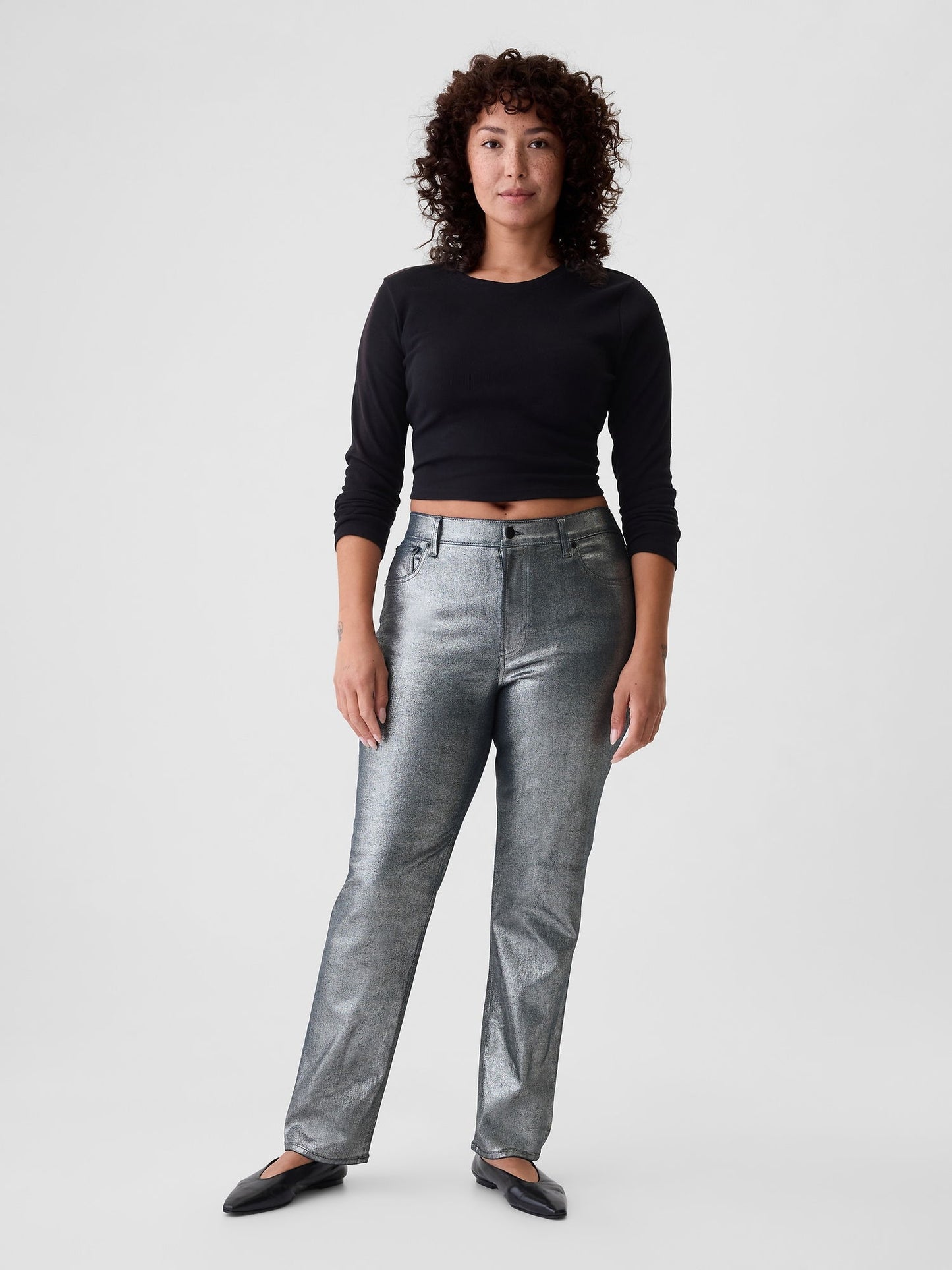 Gri High Rise Metalik '90s Straight Jean Pantolon