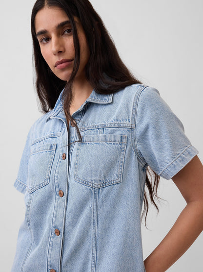 Açık Mavi Ultrasoft Denim Mini Gömlek Elbise