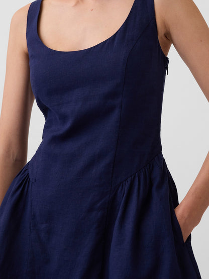 Lacivert Keten Karışımlı Drop-waist Mini Elbise
