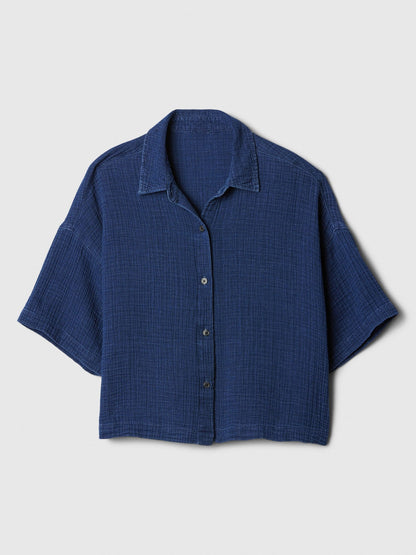 Koyu Mavi Gauze Crop Bluz