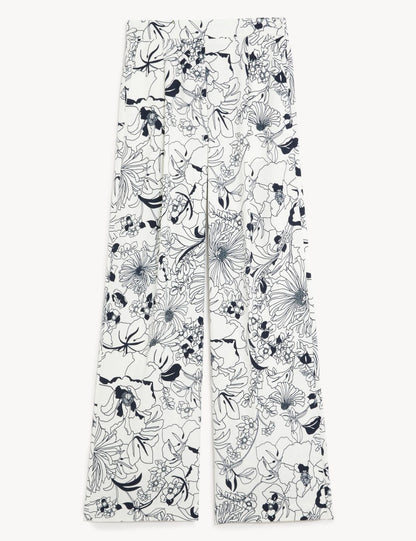 Çiçek Desenli Wide Leg Saten Pantolon