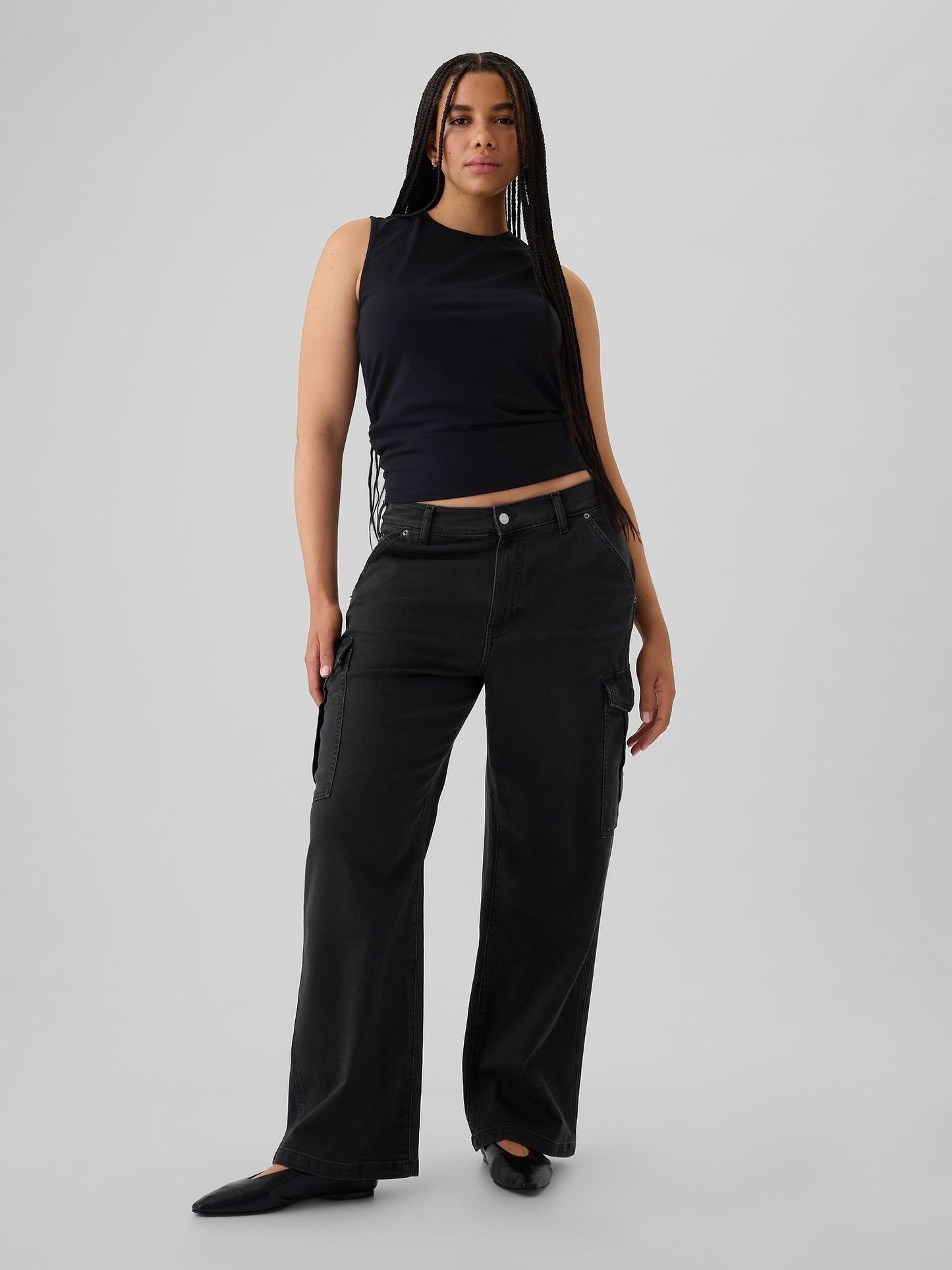 Siyah Mid Rise '90s Loose Kargo Jean Pantolon
