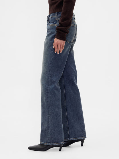Koyu Mavi Mid Rise Rigid Relaxed Flare Jean Pantolon