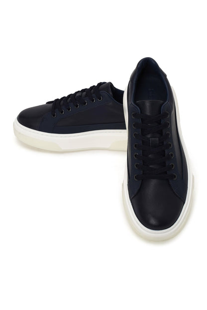 Erkek Lacivert Bağcıklı Kalın Tabanlı Deri Sneaker
