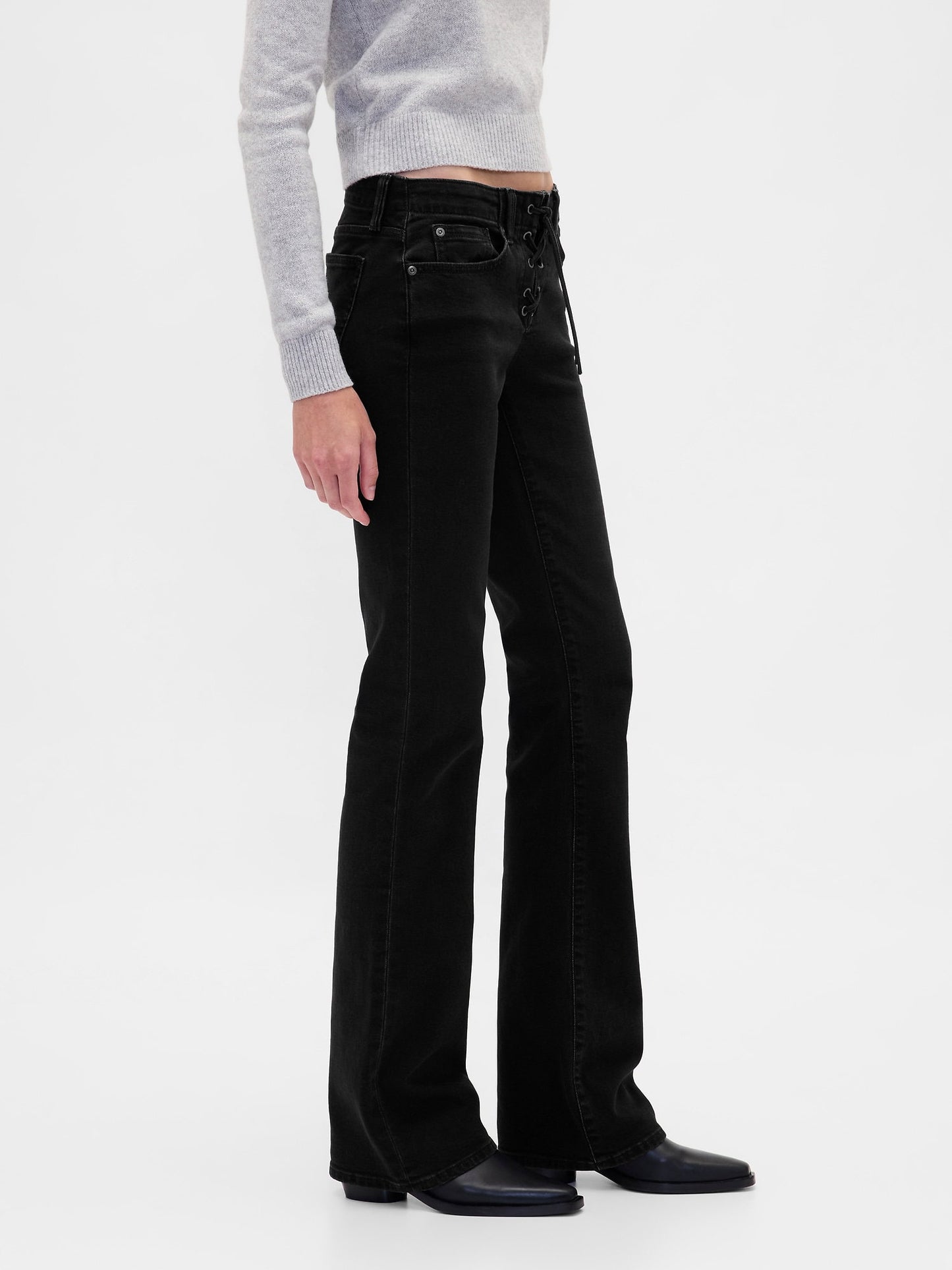 Siyah Low Rise Long & Lean Lace-up Jean Pantolon