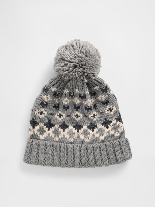Gri Fair Isle Ponpon Bere