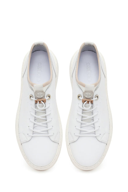 Erkek Beyaz Bağcıklı Kalın Tabanlı Deri Sneaker