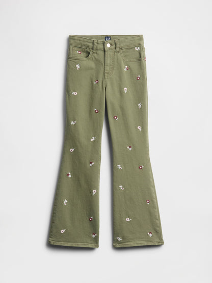 Yeşil High Rise Embroidered '70s Flare Jean Pantolon