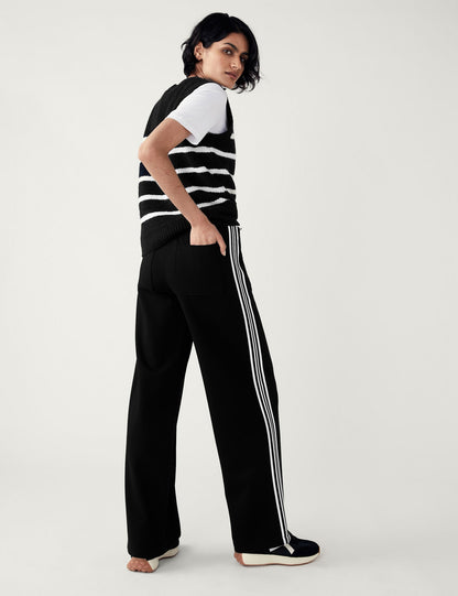 Jersey Yan Şerit Detaylı Wide Leg Pantolon