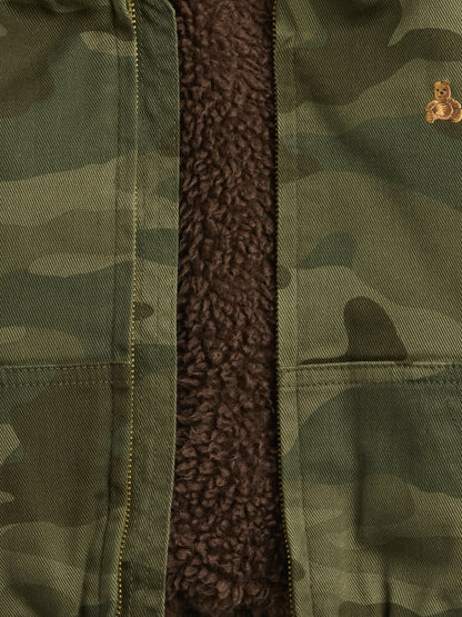Koyu Yeşil Sherpa-lined Kamuflaj Kapüşonlu Denim Ceket