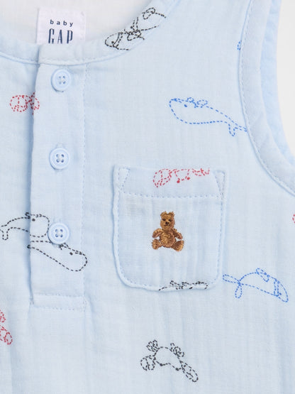 Mavi Pamuk Gauze Henley Cepli Kolsuz Bodysuit